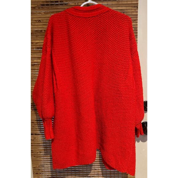Hand Knit Red Cardigan Womens L XL Sweater Chunky Open Front Oversized Cozy Warm - Picture 2 of 7